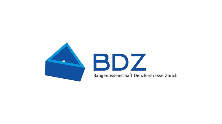 BDZ Logo der BDZ mit stilisiertem blauem Dreieck- und Rechteckdesign. Der Text lautet in großen Buchstaben „BDZ“ und darunter in kleineren Buchstaben „Baugenossenschaft Denzlerstrasse Zürich“, auf weißem Hintergrund.