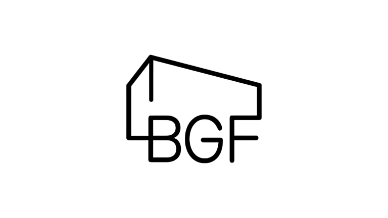 BGF Schwarzes Lineart-Logo mit dem Umriss eines stilisierten Hauses oder Gebäudes mit den in das Design integrierten Buchstaben „BGF“ auf weißem Hintergrund.