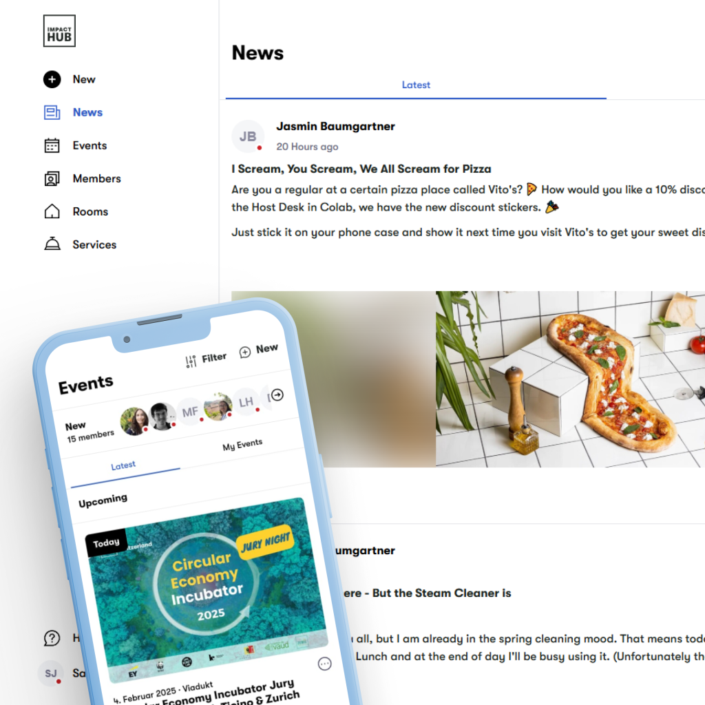 Ein Smartphone und ein Tablet zeigen die Schnittstellen einer Community-App. Das Telefon zeigt eine Seite mit „Events“, auf der eine Veranstaltung eines Inkubators für Kreislaufwirtschaft vorgestellt wird, während das Tablet einen Abschnitt „News“ mit einem Artikel über Pizza und einem verlockenden Bild einer geschnittenen Pizza auf einem Brett anzeigt.