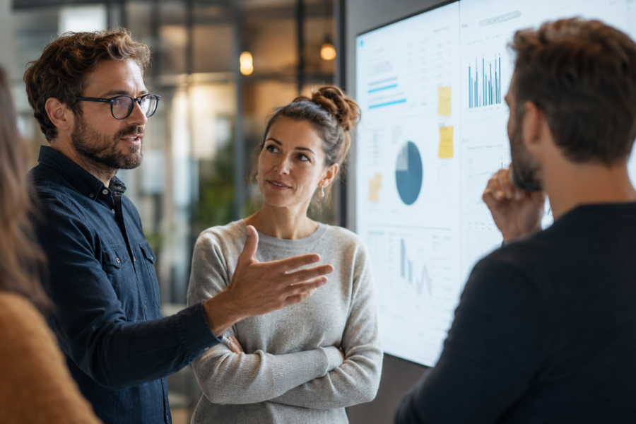 Vier Personen stehen in einem Büro und besprechen Daten, die auf einem großen Bildschirm mit Diagrammen und Grafiken angezeigt werden. Ein Mann gestikuliert beim Sprechen, während die anderen zuhören; auf dem Bildschirm sind Haftnotizen zu sehen.