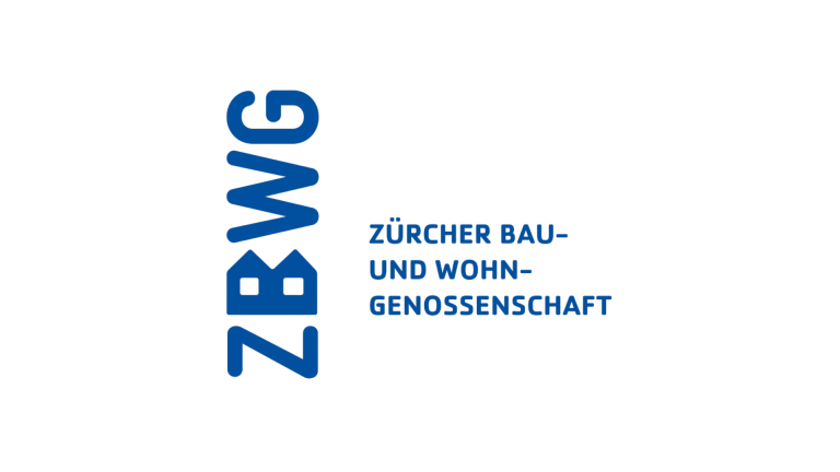 ZBWG Logo mit blauem Text. Vertikal: „ZBWG“. Horizontal: „ZÜRCHER BAU- UND WOHNGENOSSENSCHAFT“. Der Text steht zentriert auf weissem Untergrund.