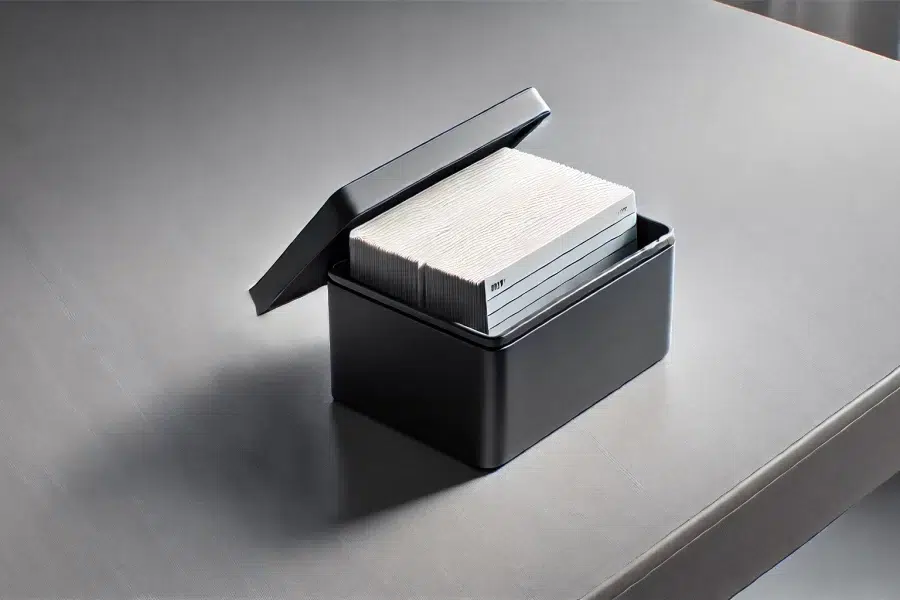 Eine schwarze rechteckige Metallbox mit geöffnetem Deckel, die gestapelte Karteikarten zeigt, die an ordentlich geordnete Softwaredokumentation erinnern. Die Box steht auf einer glatten, hellgrauen Tischoberfläche.