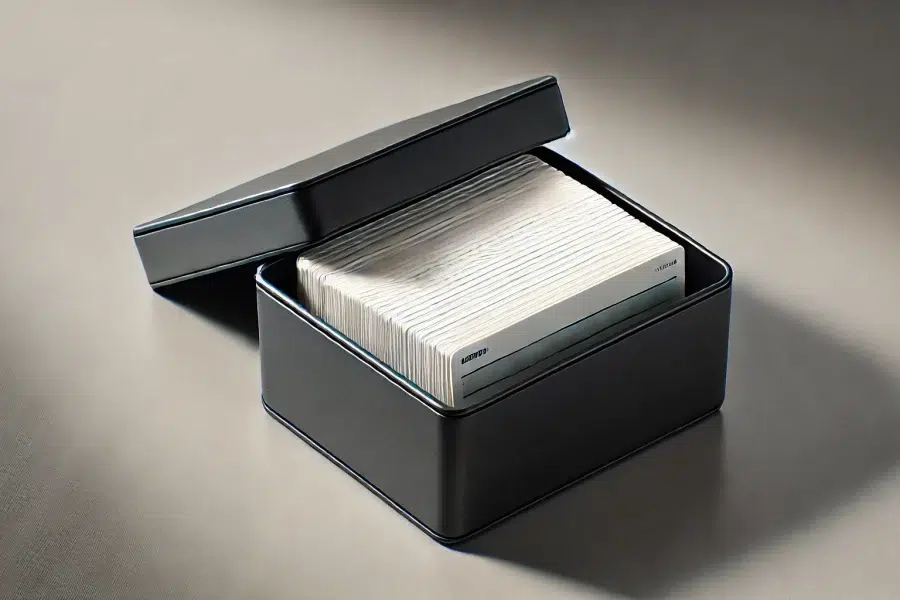 A black metal box with a lid, slightly open to reveal a stack of index cards neatly organized like software documentation. The box rests on a smooth surface, soft lighting casting subtle shadows.