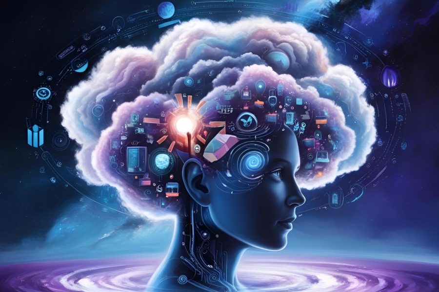 Ein digitales Kunstwerk einer menschlichen Kopfsilhouette, gefüllt mit abstrakten Technologiesymbolen, ähnlich KI-Assistenten, und einer leuchtenden Glühbirne. Vor einem kosmischen Hintergrund mit wirbelnden Wolken und Planeten symbolisiert es Innovation und Verbindung.