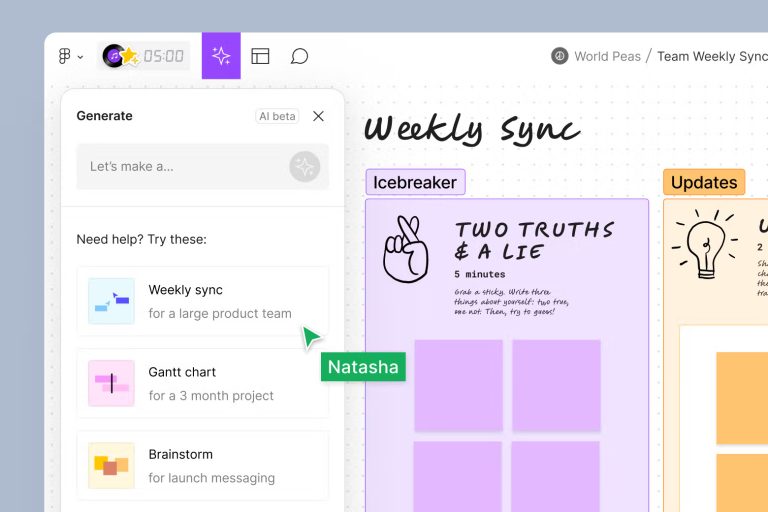 Screenshot eines digitalen Kollaborationstools, das von KI für UX- und UI-Design erweitert wurde. Auf der linken Seite bietet ein Menü Projektoptionen wie „Wöchentliche Synchronisierung“ und „Gantt-Diagramm“. Auf der rechten Seite enthält der Abschnitt „Wöchentliche Synchronisierung“ ein Kennenlernspiel „Zwei Wahrheiten und eine Lüge“. Auf einem Etikett steht „Natasha“.
