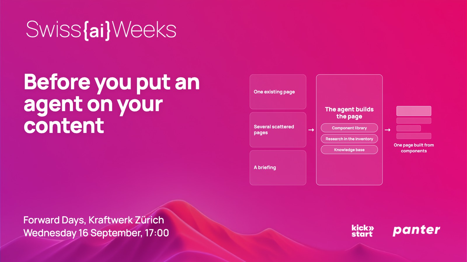 Veranstaltungsbanner zum Panter-Workshop «Before you put an agent on your content» an den Forward Days, Mittwoch 16. September 2026, 17:00 Uhr, Kraftwerk Zürich. Ein Diagramm zeigt, wie ein Agent aus einer bestehenden Seite, verstreuten Seiten und einem Briefing eine neue Seite aus Komponenten baut.