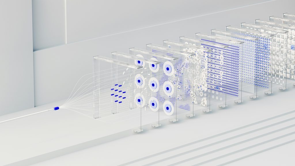 Abstraktes digitales Kunstwerk, das mit Generative KI erstellt wurde. Es zeigt einen Fluss von Datenströmen, die durch transparente, rechteckige Tafeln mit blauen Punkten, Kreisen und Linien fließen und an eine Visualisierung von Datenverarbeitung oder maschinellem Lernen erinnern.