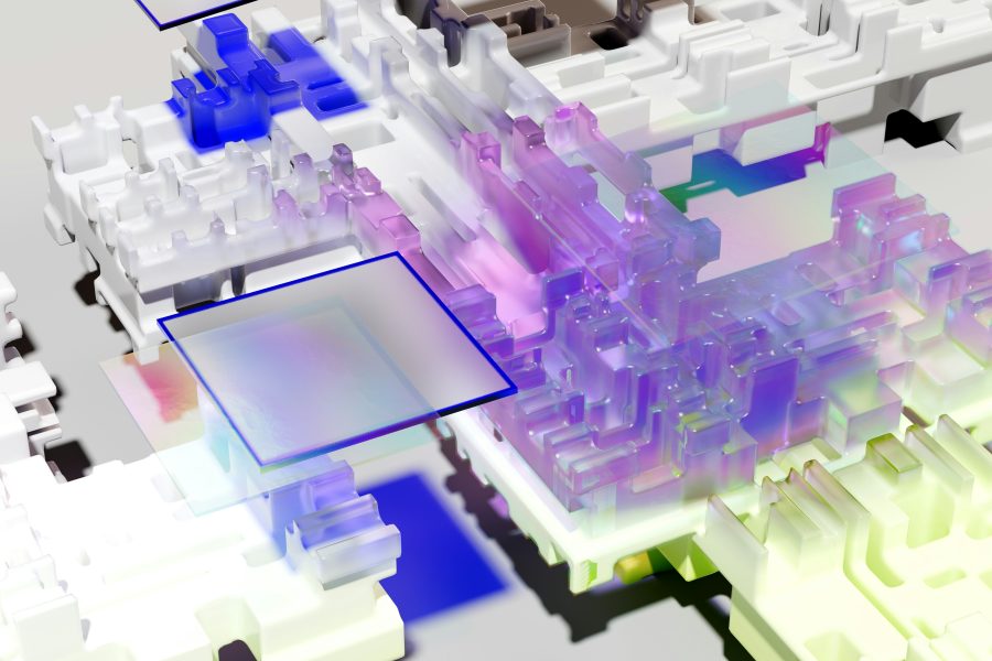 Abstraktes digitales 3D-Kunstwerk mit geschichteten, blockartigen Strukturen in Weiß und durchscheinenden Blöcken in Lila-, Blau-, Rosa- und Gelbtönen, die die Konzepte von Open-Source-KI und Datensouveränität widerspiegeln, um ein hervorgehobenes transparentes Quadrat herum.