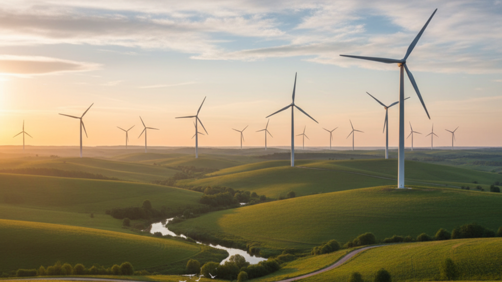 Rows of wind turbines stand on rolling green hills during sunset, with a winding river flowing through the landscape and soft sunlight illuminating the scene—showcasing the promise of crowdinvesting in sustainable energy.