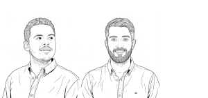 Schwarz-weiße Strichzeichnung von zwei Männern in zugeknöpften Hemden, von denen einer mit einem leichten Lächeln nach links und der andere, bärtig, mit einem freundlichen Gesichtsausdruck nach vorne blickt - perfekt für die Werbung für AI Events.