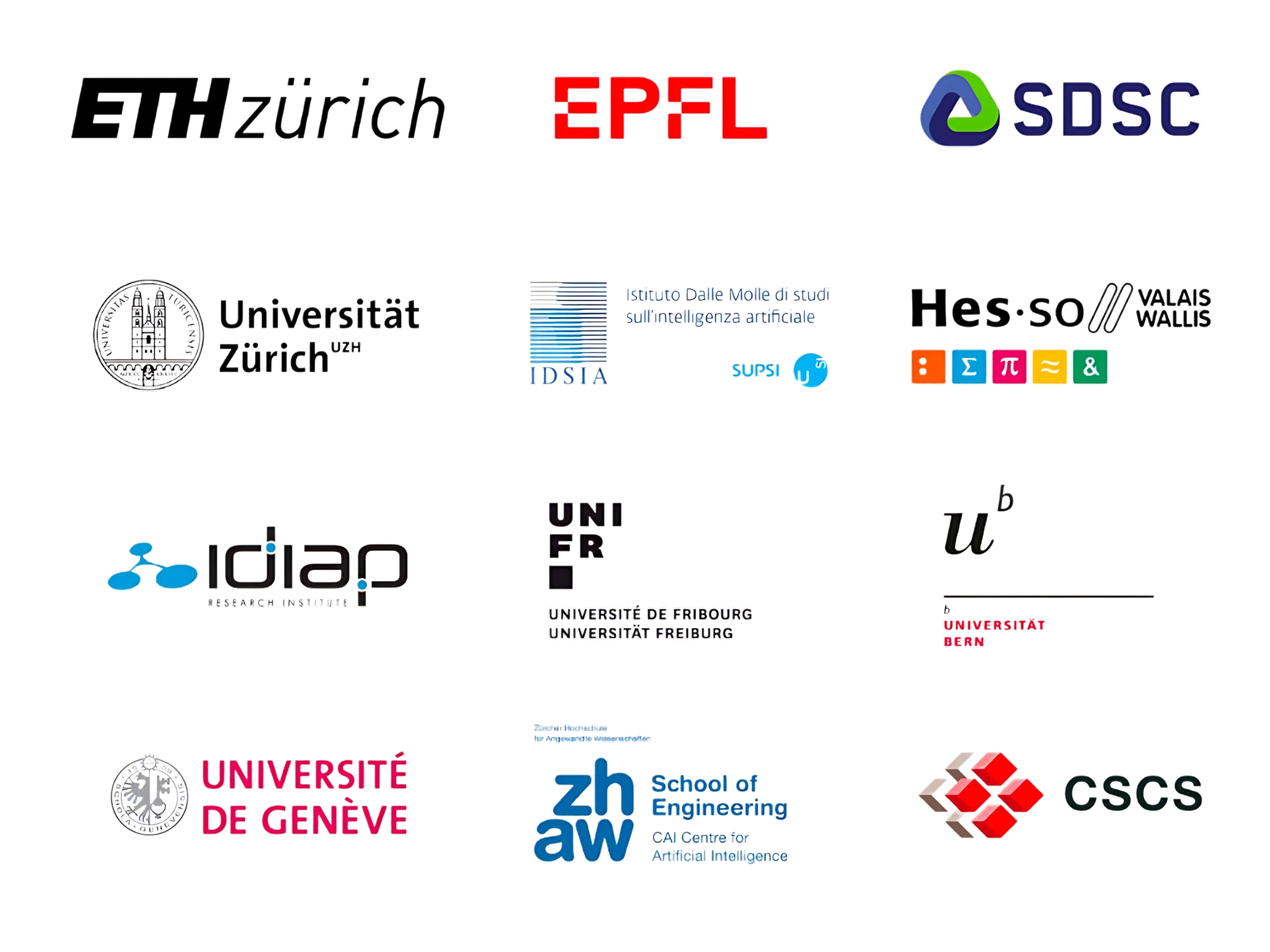 Logos verschiedener Schweizer Hochschulen und Forschungsinstitute, darunter die ETH Zürich, die EPFL, das SDSC und andere, die ihre Beteiligung an der Schweizer KI-Initiative demonstrieren.