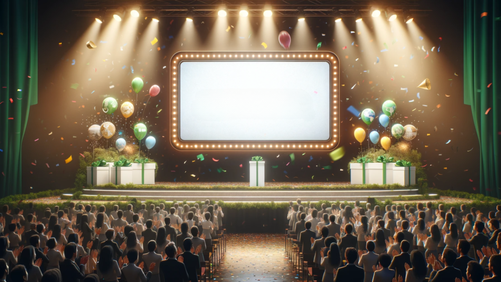 A large stage with a lit marquee screen is adorned with balloons and gift boxes. An audience cheers for the startup-gewinner, clapping as colorful confetti falls. Spotlights illuminate the scene, creating a festive and celebratory atmosphere.