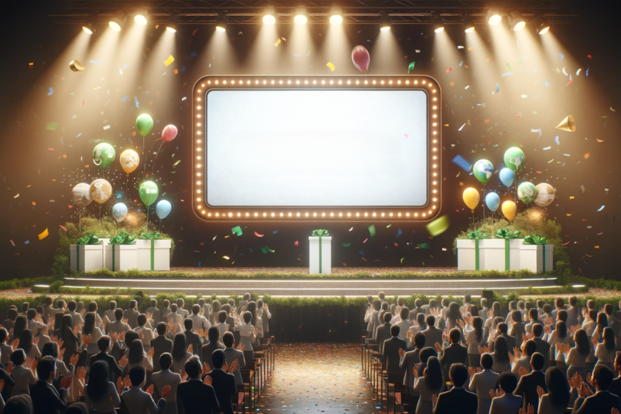 A large stage with a lit marquee screen is adorned with balloons and gift boxes. An audience cheers for the startup-gewinner, clapping as colorful confetti falls. Spotlights illuminate the scene, creating a festive and celebratory atmosphere.