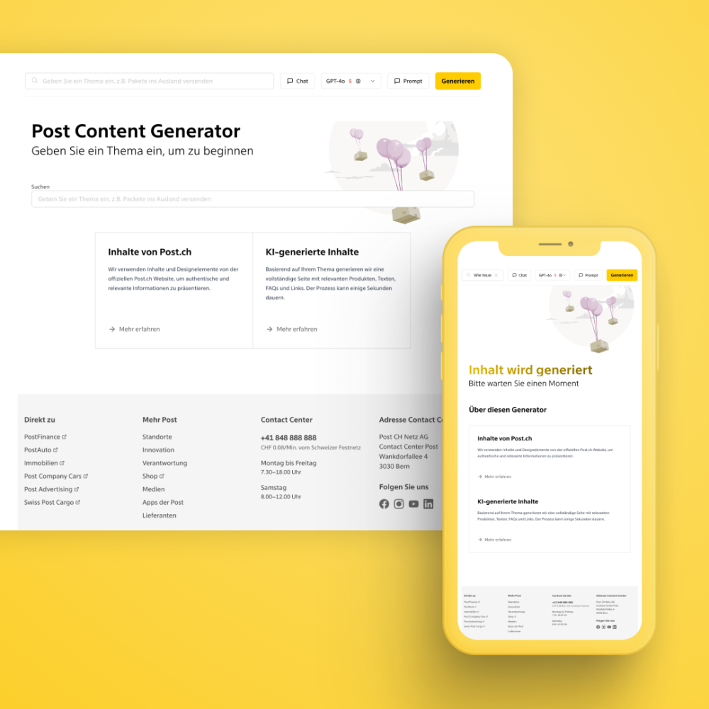 Der Screenshot zeigt die Webschnittstelle des Inhaltsgenerators für die Digitale Bewertung auf dem Desktop und dem Mobiltelefon mit Eingabefeldern, einer Suchleiste und Informationsabschnitten auf weißem Hintergrund mit gelben Highlights und einer Pflanzenillustration.
