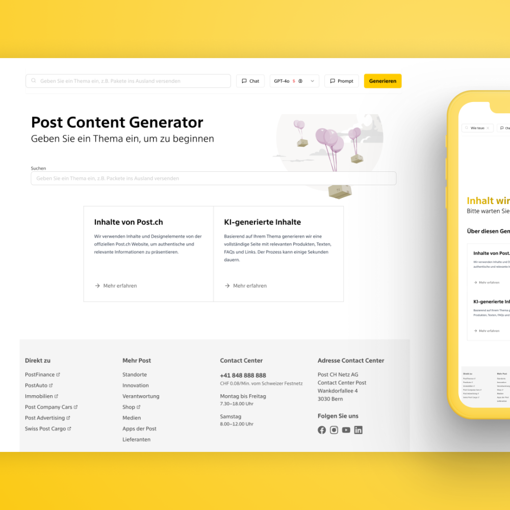 A website and mobile phone screen display a Post Content Generator tool with German text, input fields, and options for AI-generated content. The background is yellow with abstract illustrations, inspired by the digital evaluation of continuing medical education with SuMaSy at ETH Zurich.