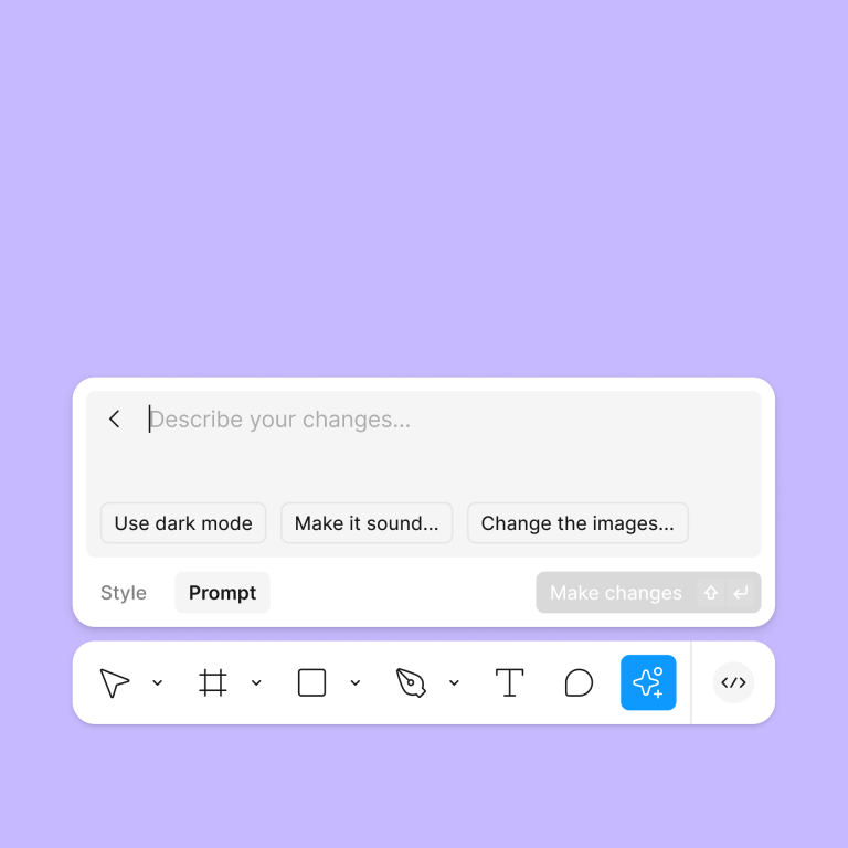 Ein Screenshot eines Texteditors mit Optionen für Dunkelmodus, Textvariation und Bildanpassung zeigt einen hellvioletten Hintergrund. Am unteren Rand des Editors werden verschiedene von KI für UX- und UI-Design unterstützte Tools angezeigt.
