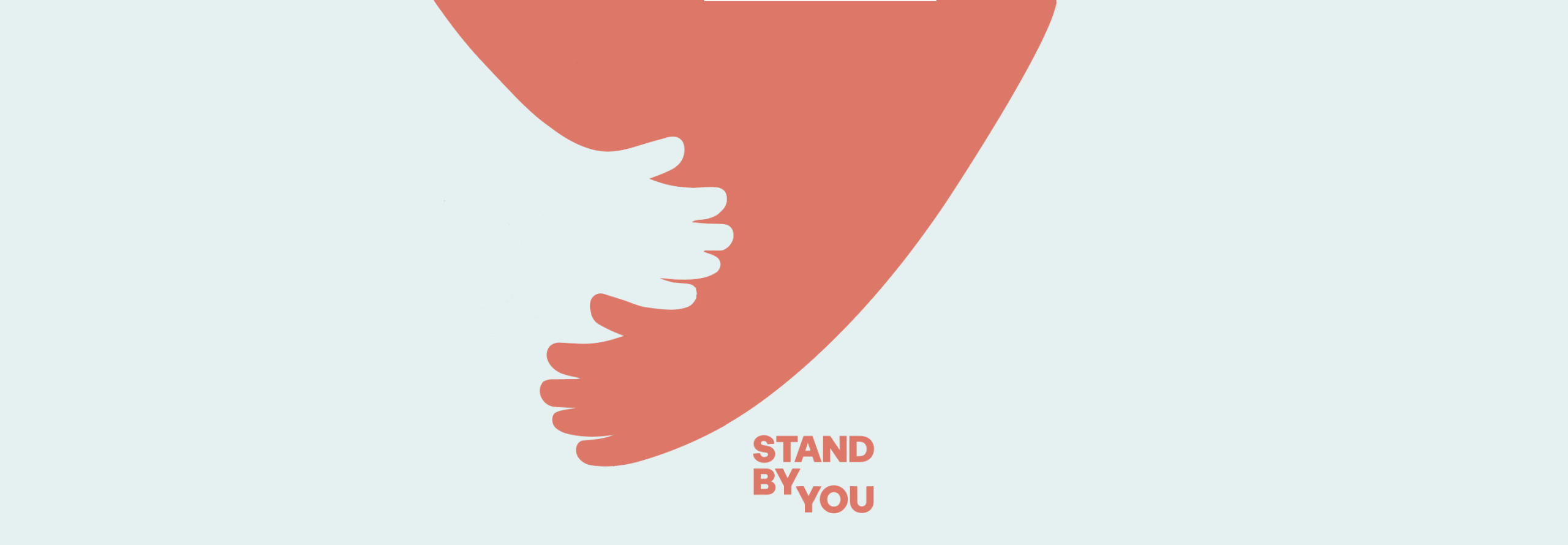 A large coral-colored wing, representing the spirit of a volunteer platform, covers and protects a smaller white wing. Below, coral text reads STAND BY YOU. The background is light blue.