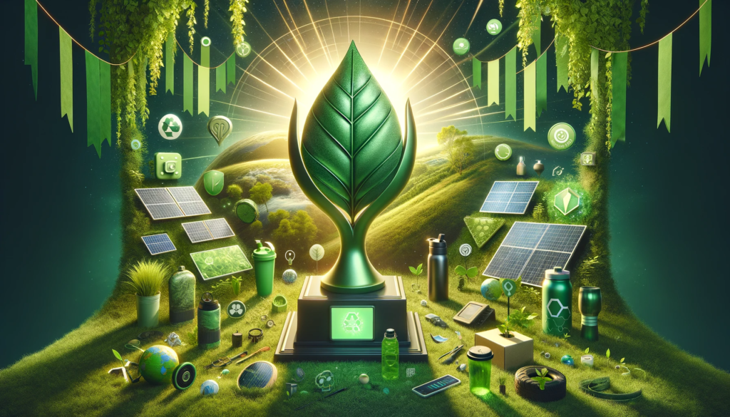 A large green leaf trophy sits on a pedestal, surrounded by solar panels, wind turbines, recycling symbols, and eco-friendly items like water bottles and light bulbs. Sunlight radiates in the background, symbolizing a startups commitment to renewable energy and sustainability.