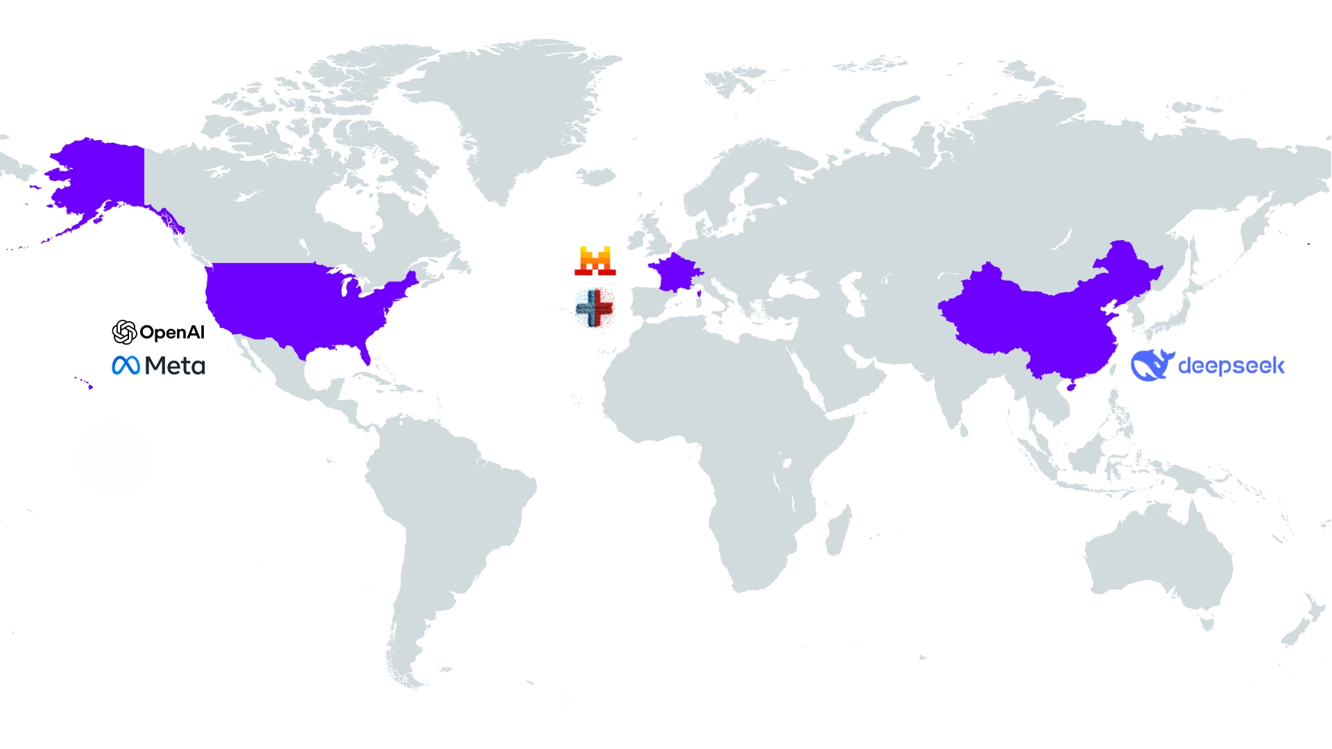 Eine Weltkarte, auf der die USA, Frankreich und China in Lila hervorgehoben sind. Logos für OpenAI und Meta erscheinen in den USA, Mistral in Frankreich und Deepseek in China - ein Beispiel dafür, wie Mit KI direkt mit Daten sprechen bei großen KI-Unternehmen Realität wird.