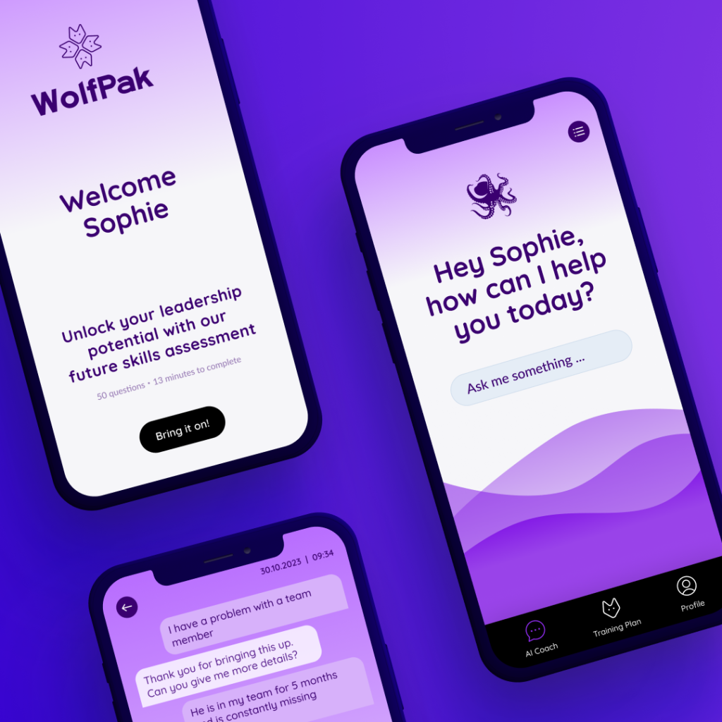 Auf drei Smartphone-Bildschirmen wird die WolfPak-App angezeigt, mit einer Willkommensnachricht, einem KI-Coach-KI-Chat und Nachrichten zur Beurteilung der Führungskompetenzen. Das Design ist in Lilatönen und minimalistischer Grafik gehalten.